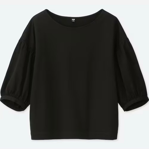 UNIQLO Mercerized Cotton Gather Half-Sleeve T-Shirt in Black Size Medium M - Picture 3 of 3